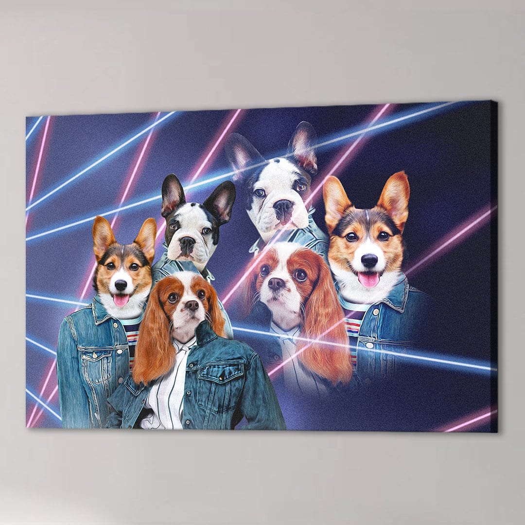 Personalized 3-pet canvas featuring dogs in 80s lazer portrait style, wearing denim jackets.