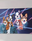 Personalized 3-pet canvas featuring dogs in 80s lazer portrait style, wearing denim jackets.