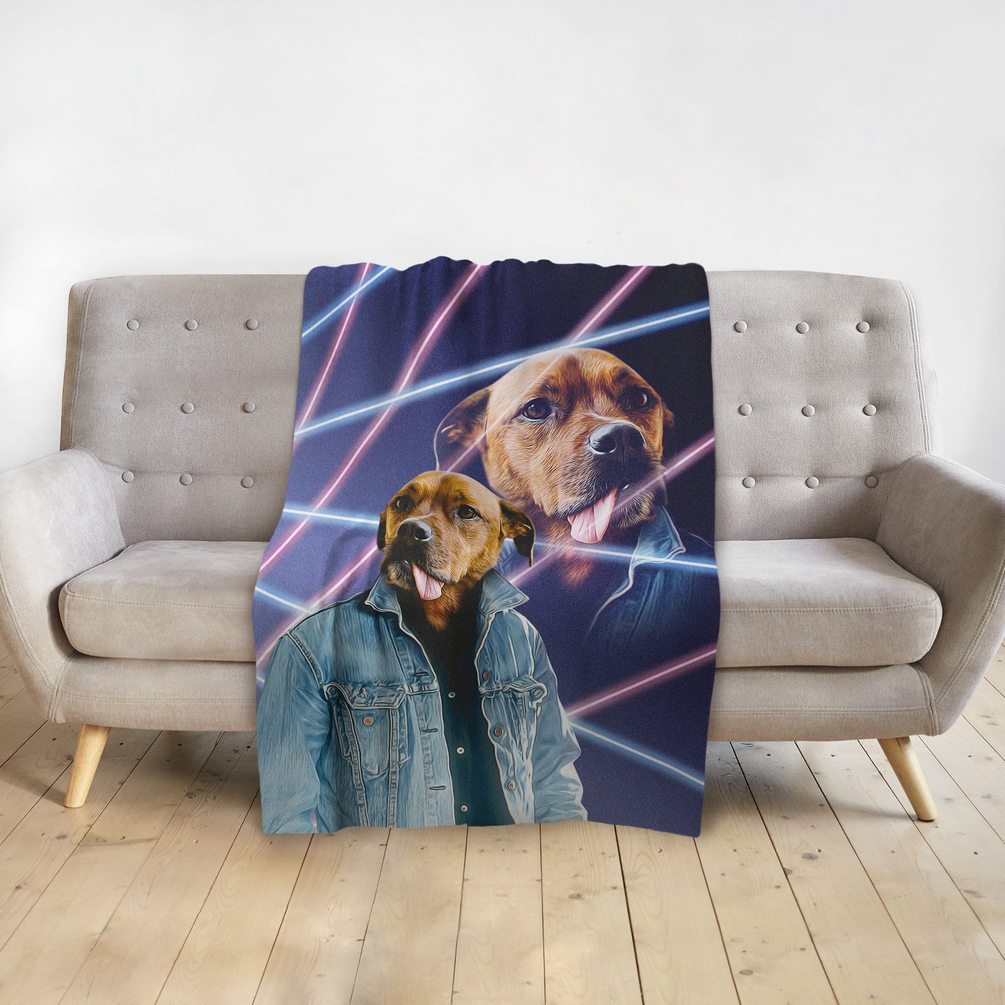 Personalized pet blanket with a dog in a denim jacket and neon laser portrait style.