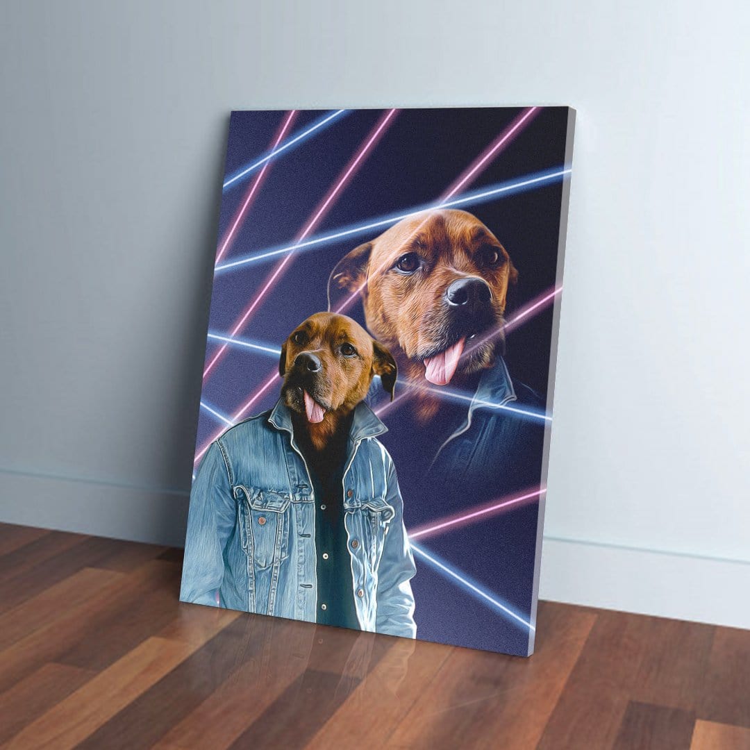 Personalized pet canvas featuring a dog in a denim jacket with 80s neon lazer background.