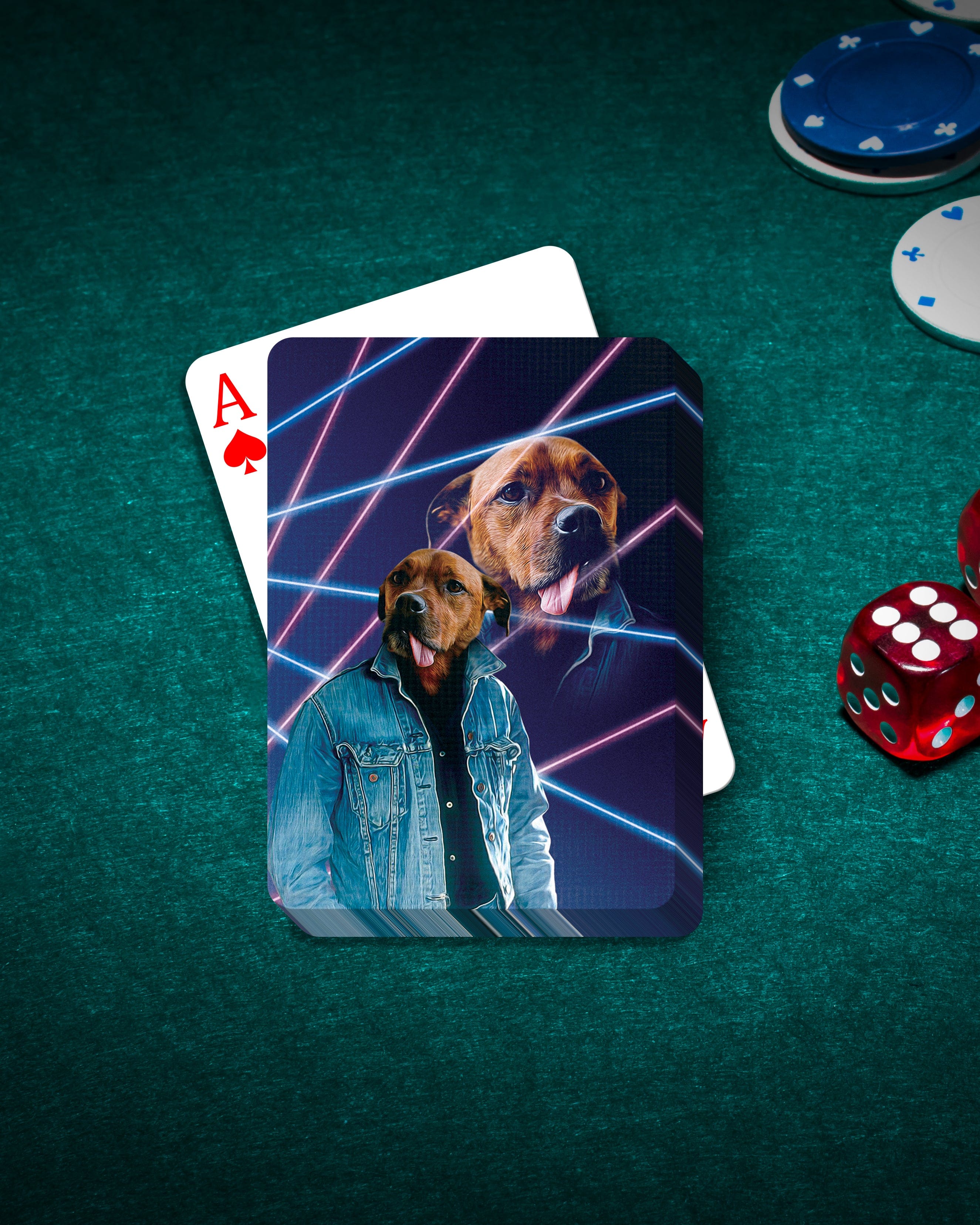 Personalized pet playing cards featuring a dog in a 1980s Lazer Portrait style.