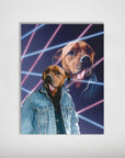 Personalized pet poster featuring a dog in a denim jacket with a retro 80s neon lazer background.