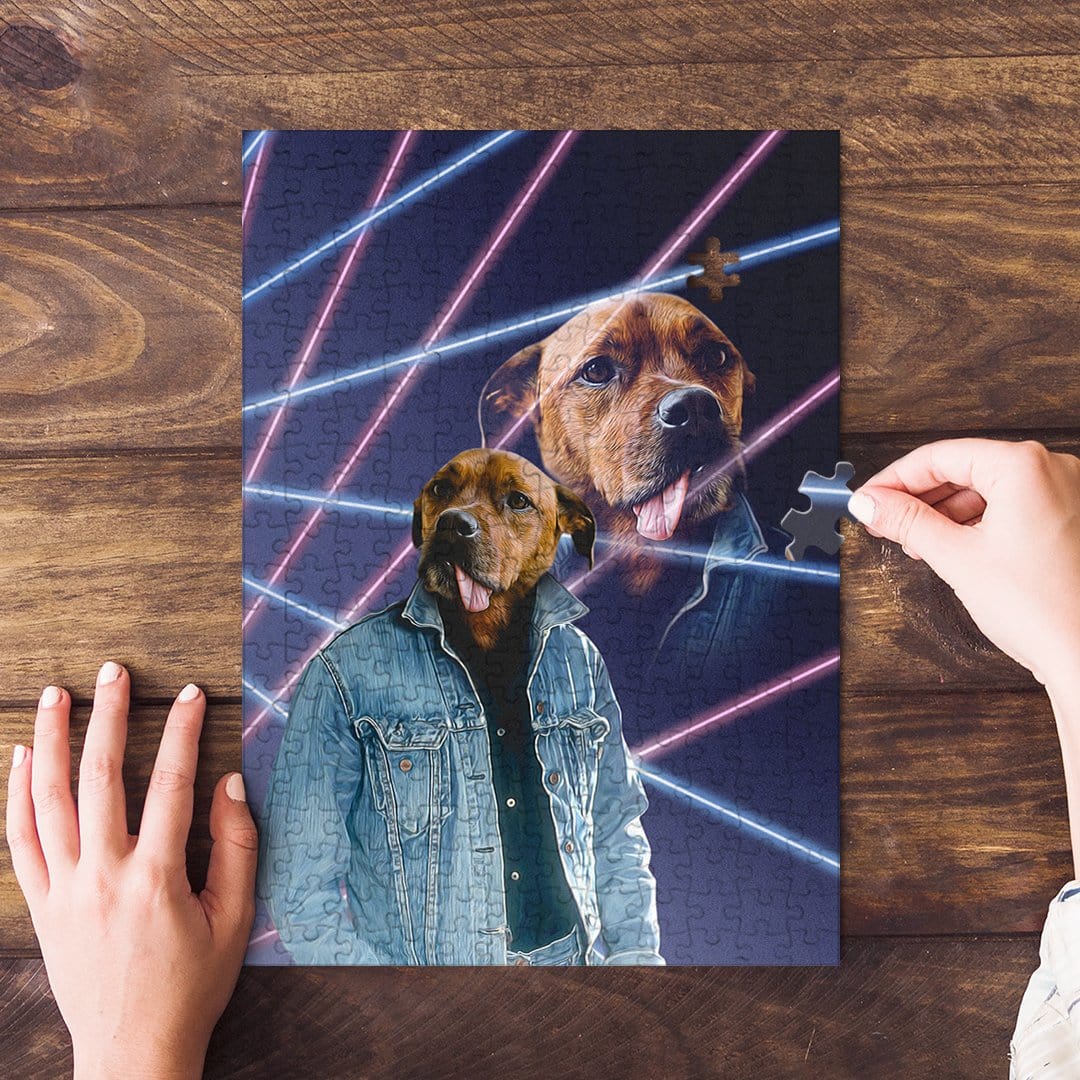 Personalized pet puzzle featuring a dog in a denim jacket with 80s lazer portrait style.