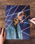 Personalized pet puzzle featuring a dog in a denim jacket with 80s lazer portrait style.