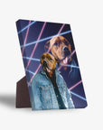 Personalized pet standing canvas with a brown dog in a denim jacket against a '1980s Lazer Portrait' background.