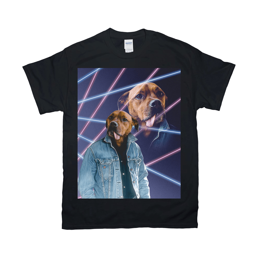 Black Gildan tee with a retro 1980s lazer portrait of a dog in a denim jacket.