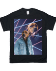 Black Gildan tee with a retro 1980s lazer portrait of a dog in a denim jacket.