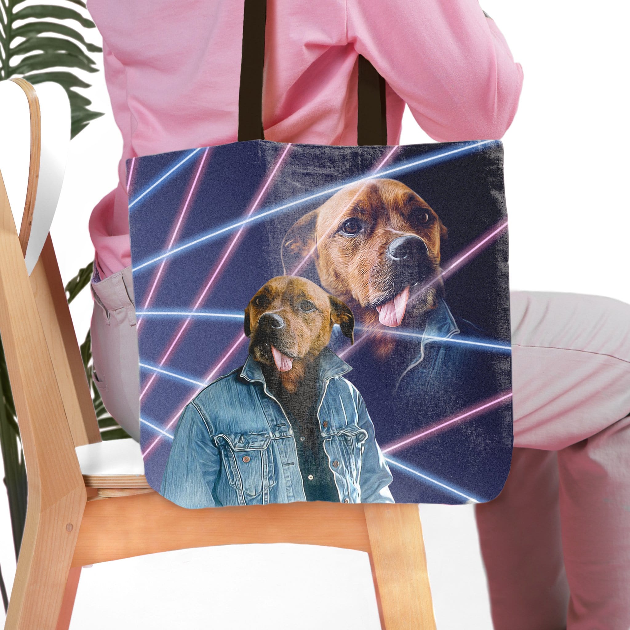 Personalized '1980s Lazer Portrait' tote bag featuring a custom dog portrait in a denim jacket.