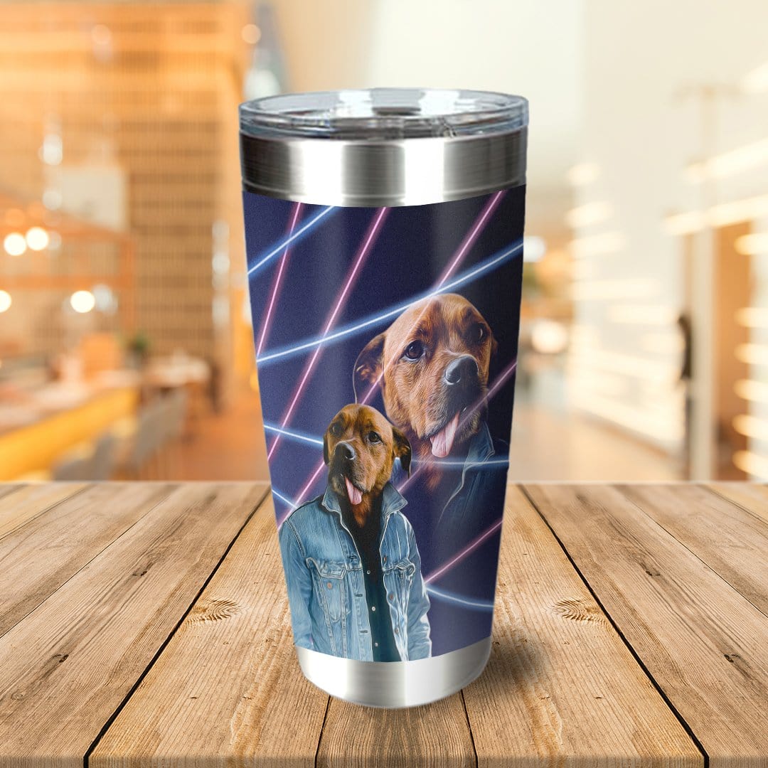 Personalized stainless steel tumbler with a custom 1980s Lazer Portrait of a dog in a denim jacket.