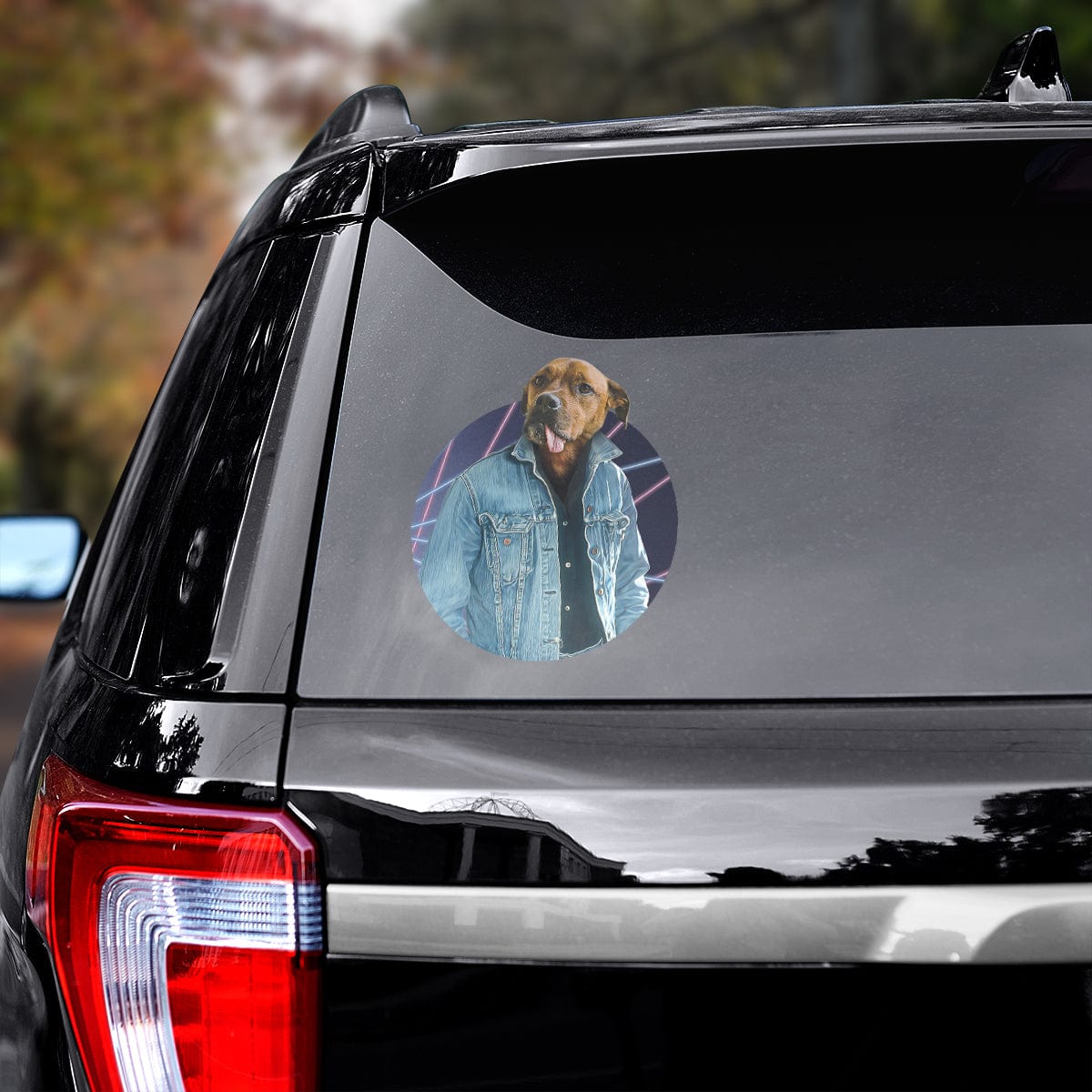 Custom 1980s Lazer Portrait pet decal of a dog in a denim jacket on a black SUV window.