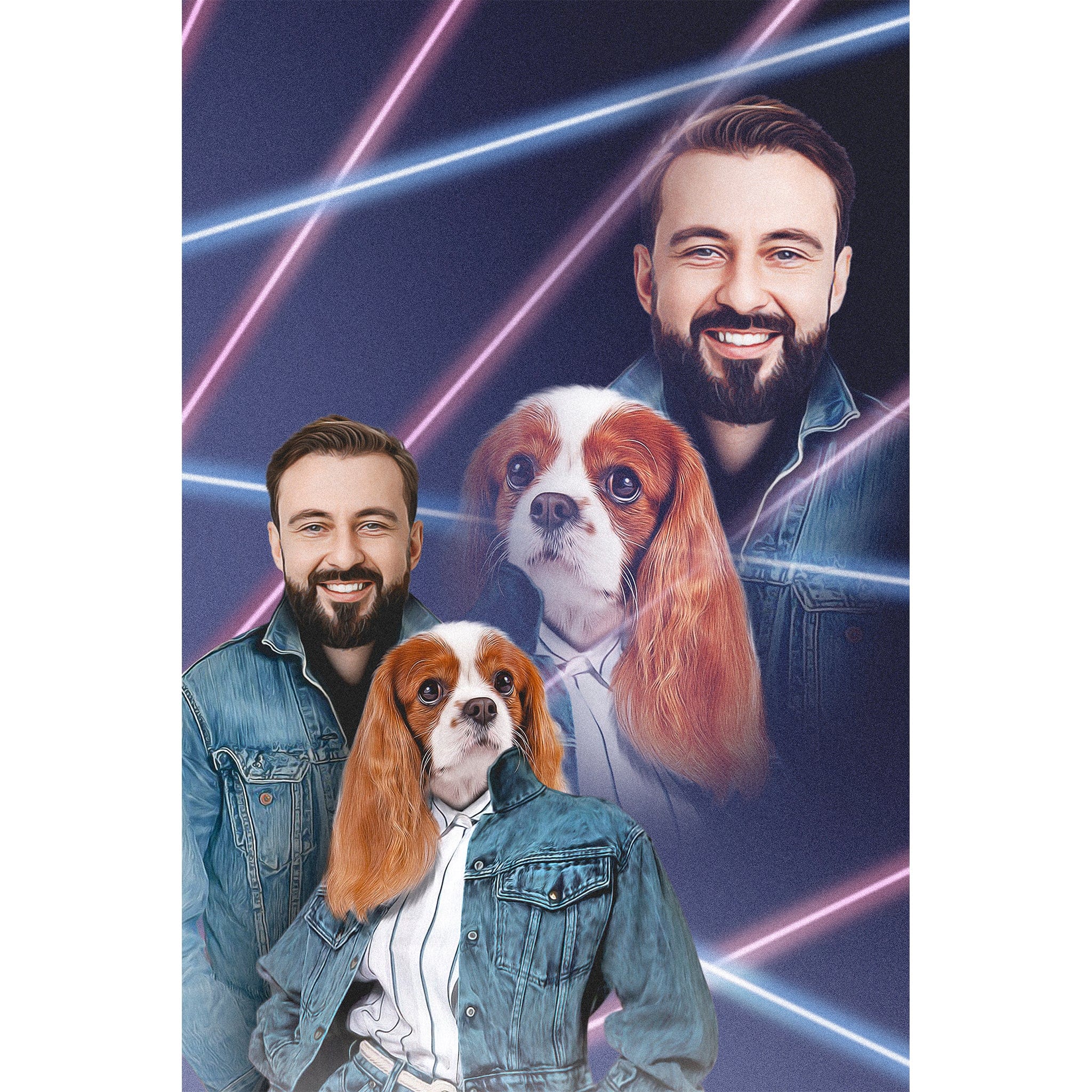 Personalized 1980s Lazer Portrait of a man and a Cavalier King Charles Spaniel dog.