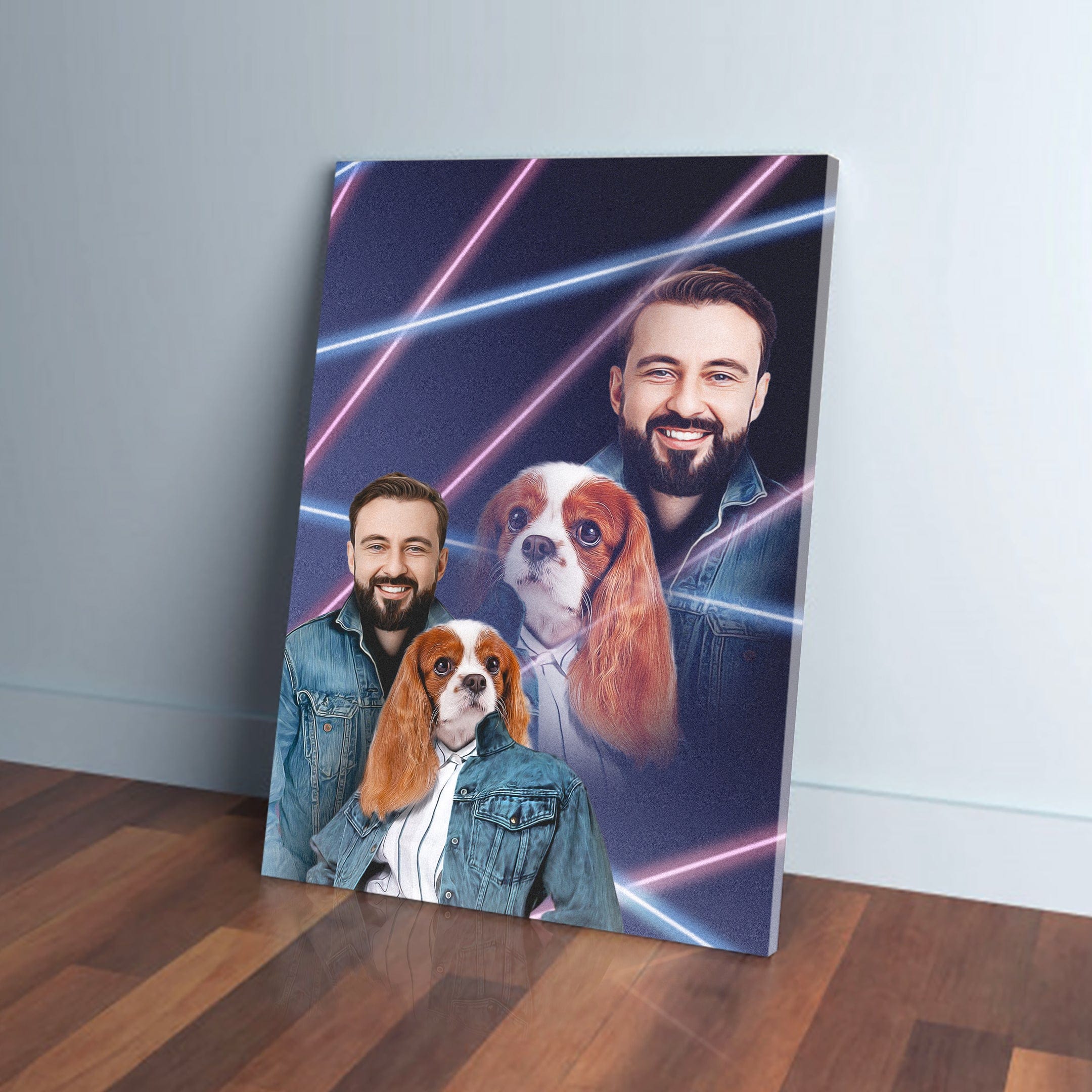 Personalized 1980s Lazer Portrait canvas with a man and Cavalier King Charles Spaniel.