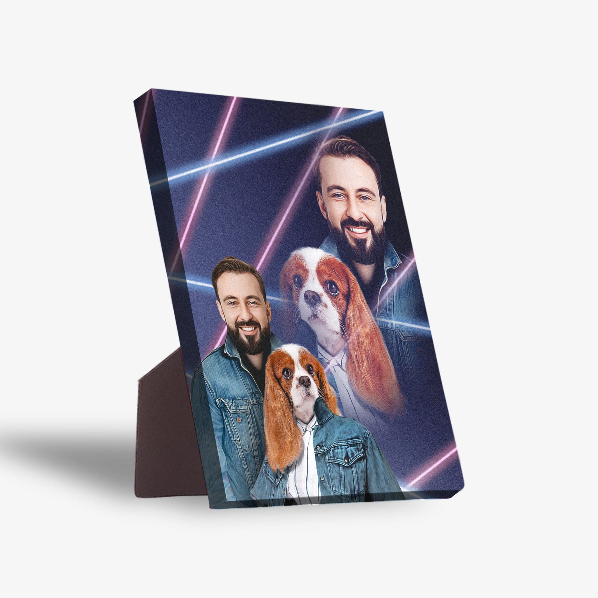 Personalized 1980s Lazer Portrait standing canvas with a man and a Cavalier King Charles Spaniel.