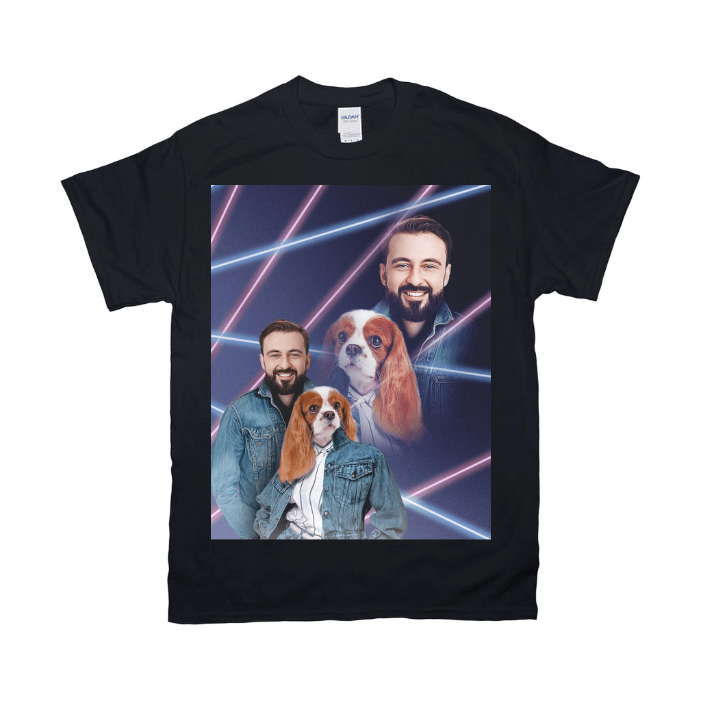 Black Gildan t-shirt with a personalized 80s lazer portrait of a smiling man and a Cavalier King Charles Spaniel.