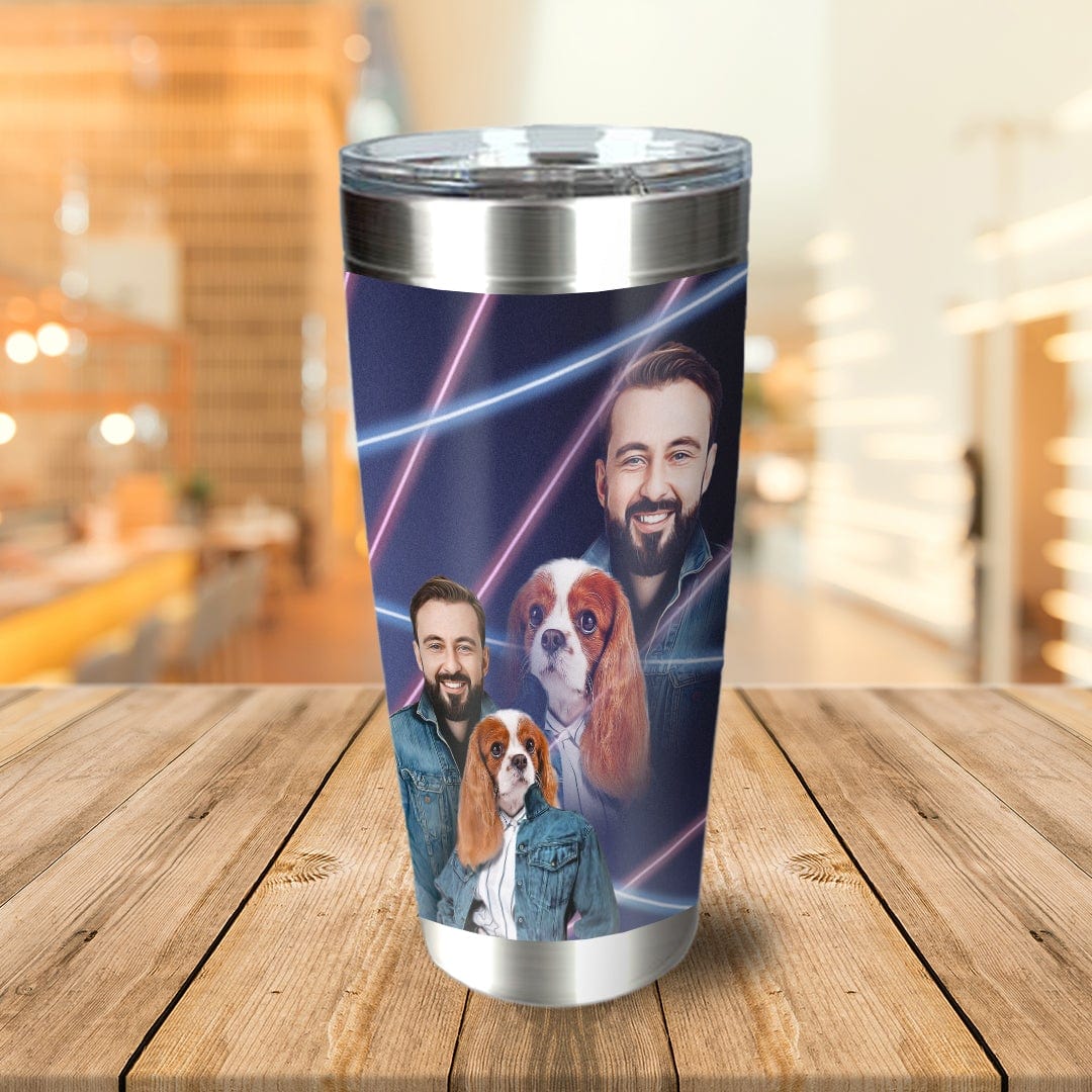 Personalized 1980s Lazer Portrait Tumbler with two men and two Cavalier King Charles Spaniel dogs.