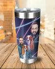Personalized 1980s Lazer Portrait Tumbler with two men and two Cavalier King Charles Spaniel dogs.