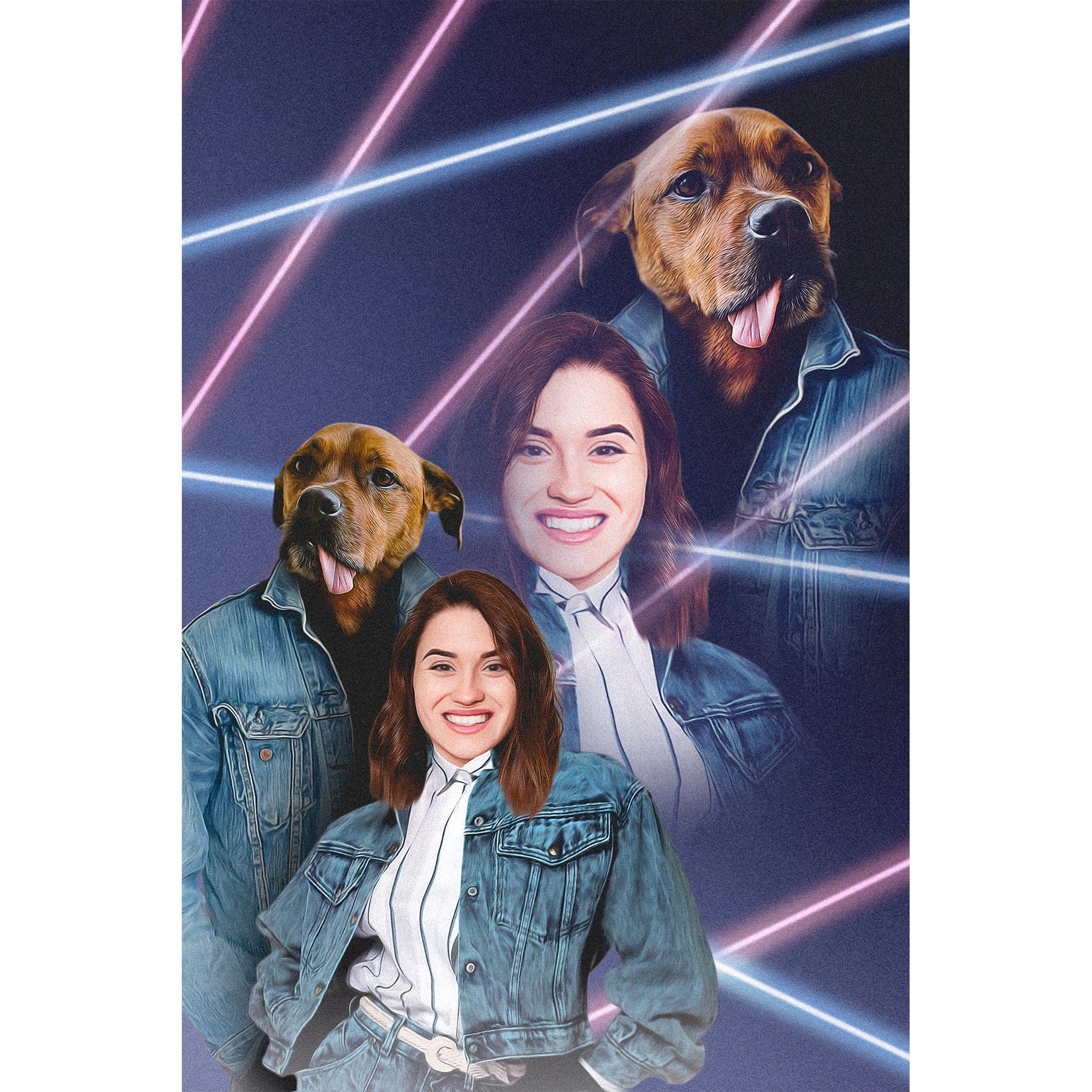 Custom 1980s Lazer Portrait of a woman and her dog in denim jackets on a purple background.