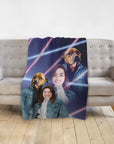 Personalized 1980s Lazer Portrait blanket featuring two dogs and two women in denim jackets.