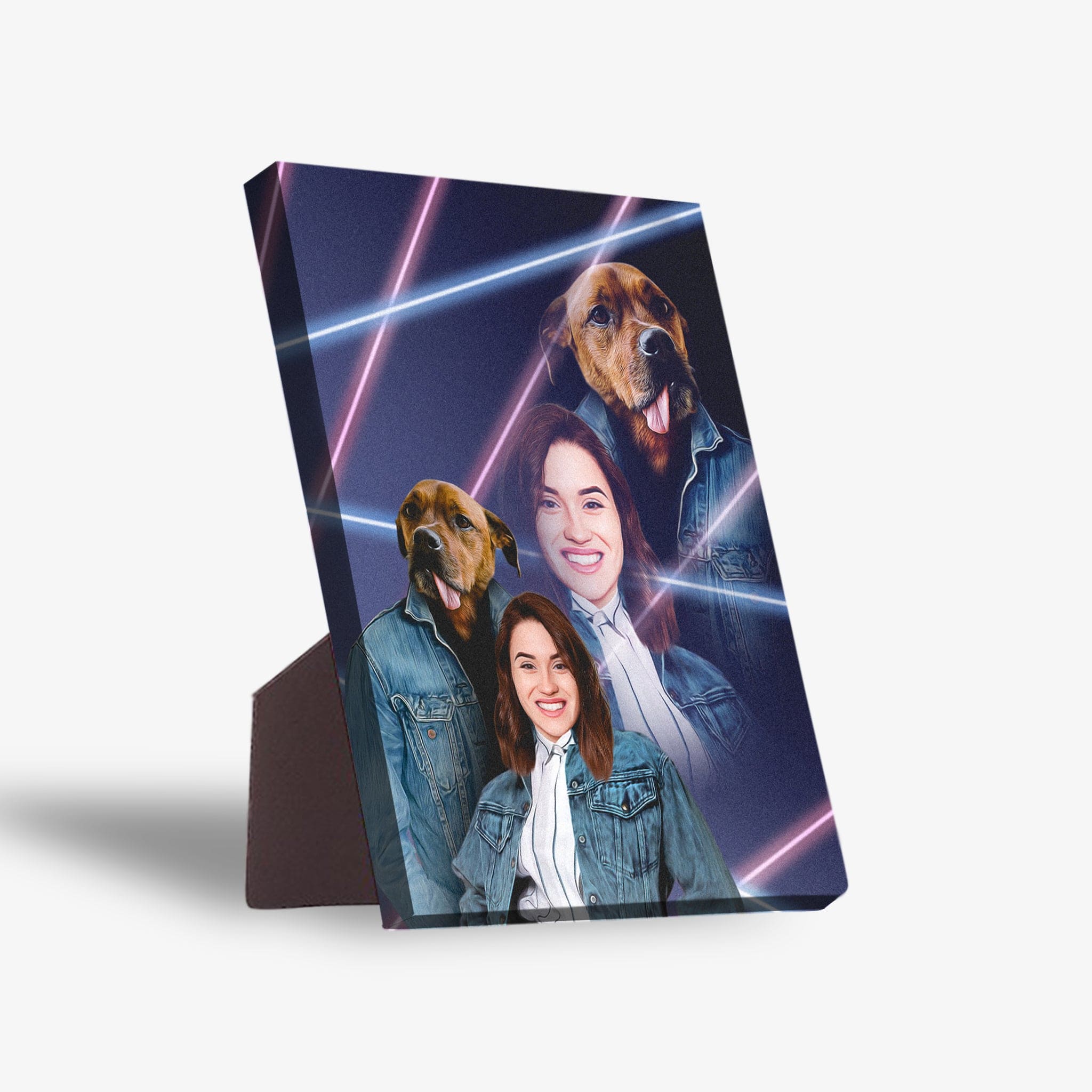 1980s Lazer Portrait personalized standing canvas featuring a woman and two dogs in denim jackets.