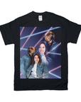 Black Gildan t-shirt with a personalized 80s lazer portrait of two dogs and two women.
