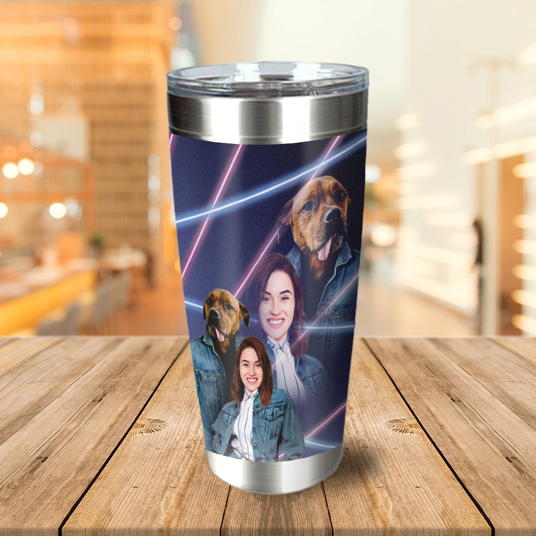 Personalized 1980s Lazer Portrait stainless steel tumbler with a woman and two dogs.