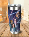 Personalized 1980s Lazer Portrait stainless steel tumbler with a woman and two dogs.