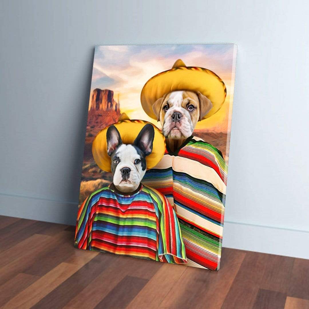 Custom multi-pet portrait canvas featuring two dogs in sombreros and colorful ponchos in a desert landscape.