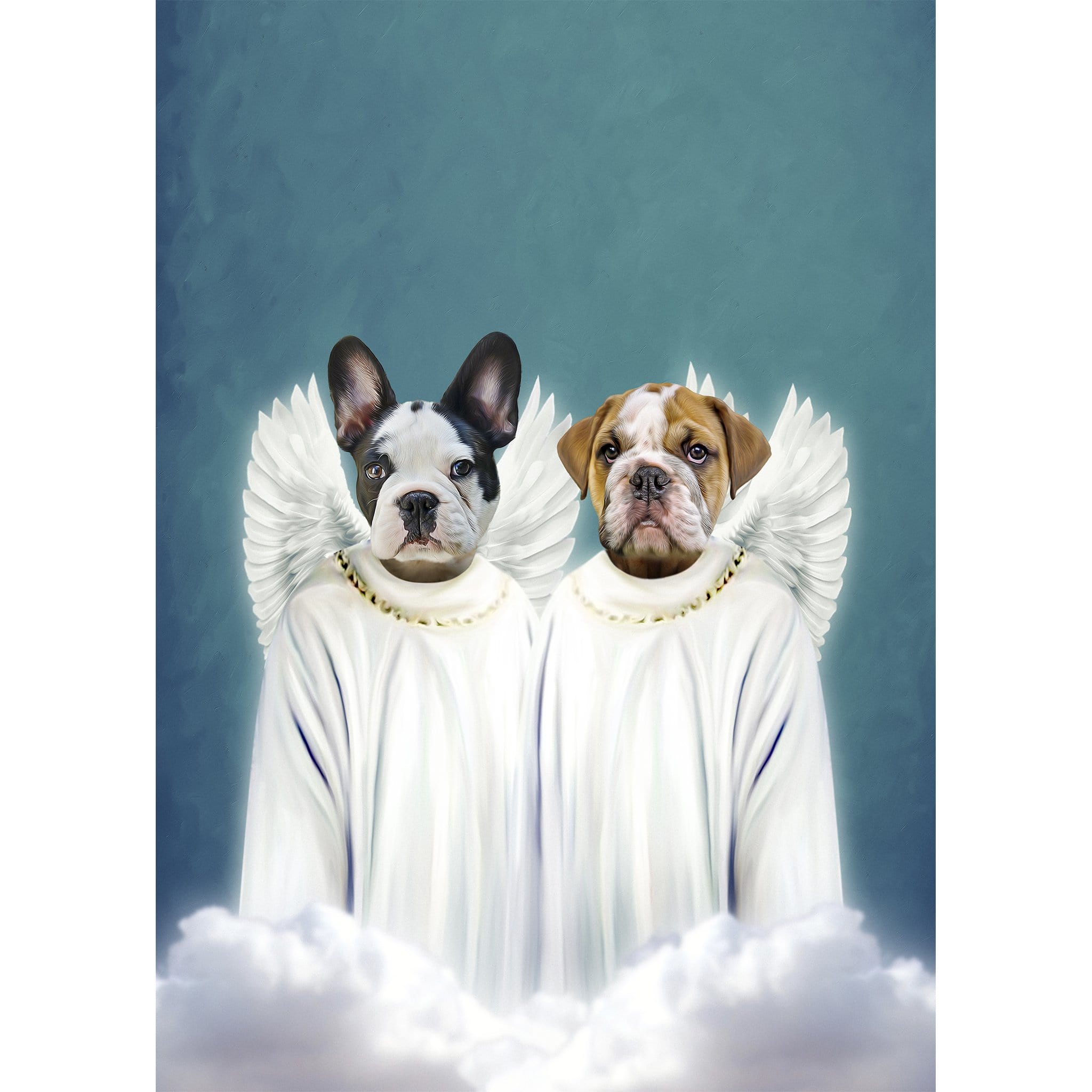 Custom digital portrait of two pets as angels in white robes with wings, on a blue background.