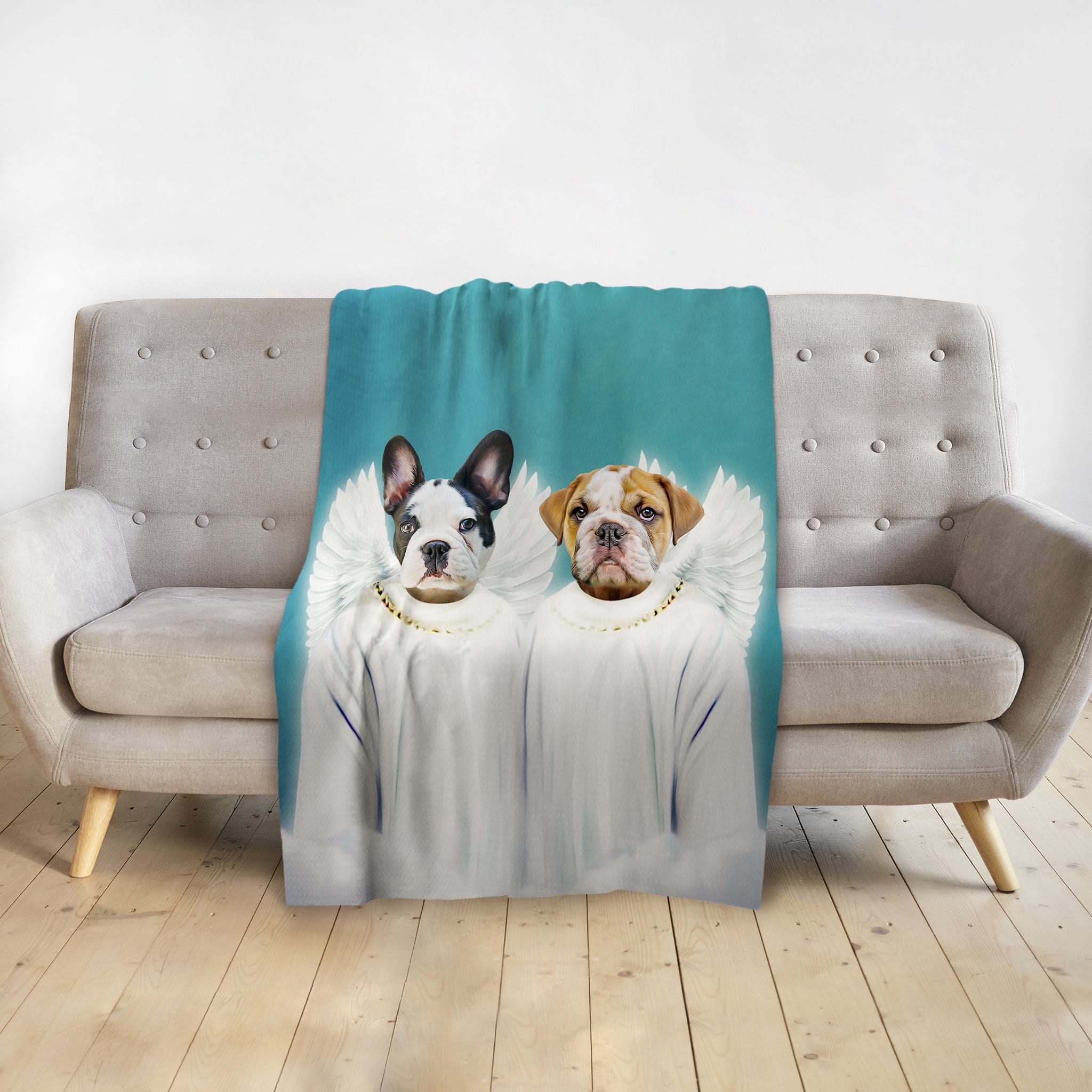 Personalized pet portrait blanket featuring a French Bulldog and an English Bulldog as angels on a teal background.