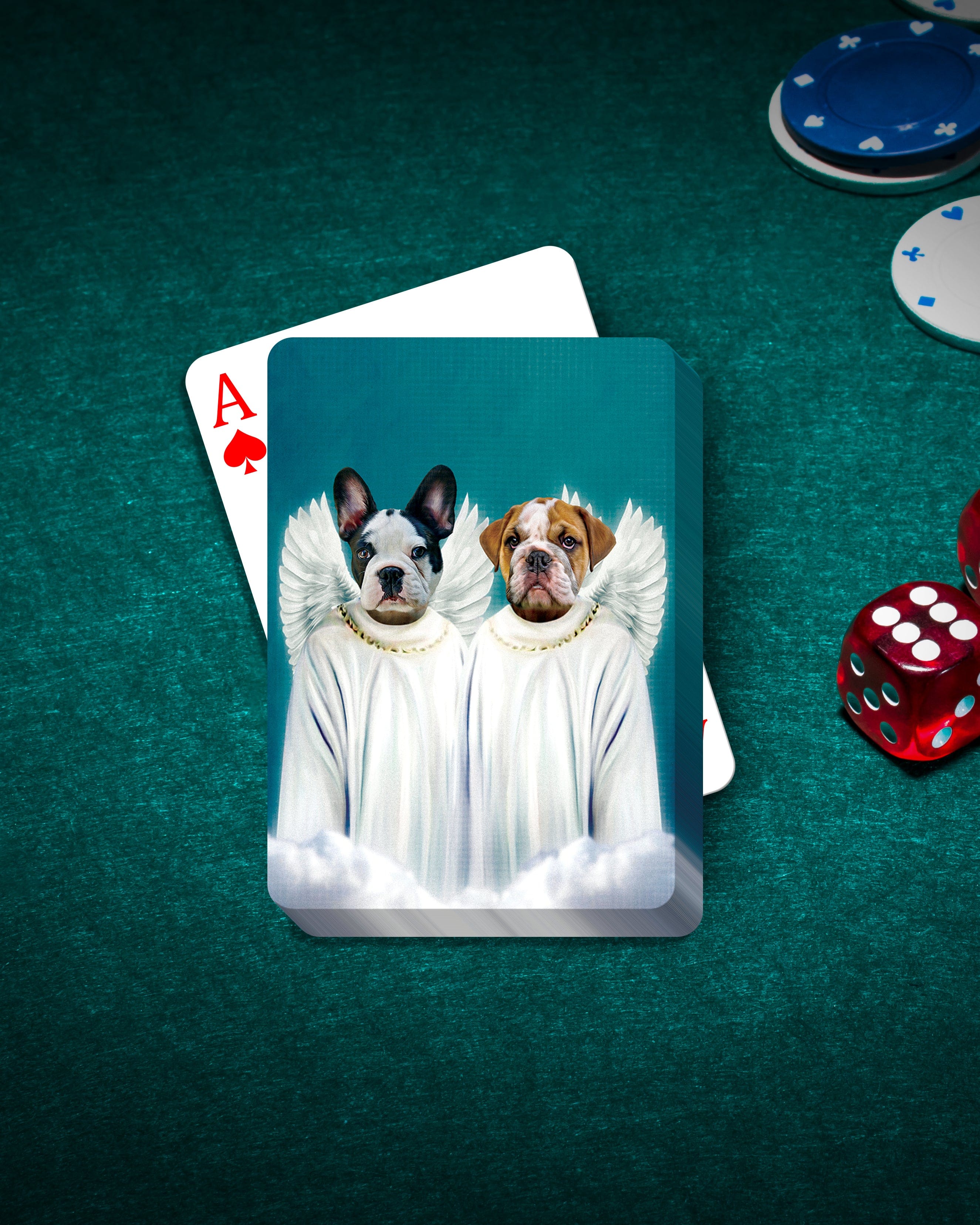 Personalized playing cards featuring two pets, a French Bulldog and an English Bulldog, depicted as angels.
