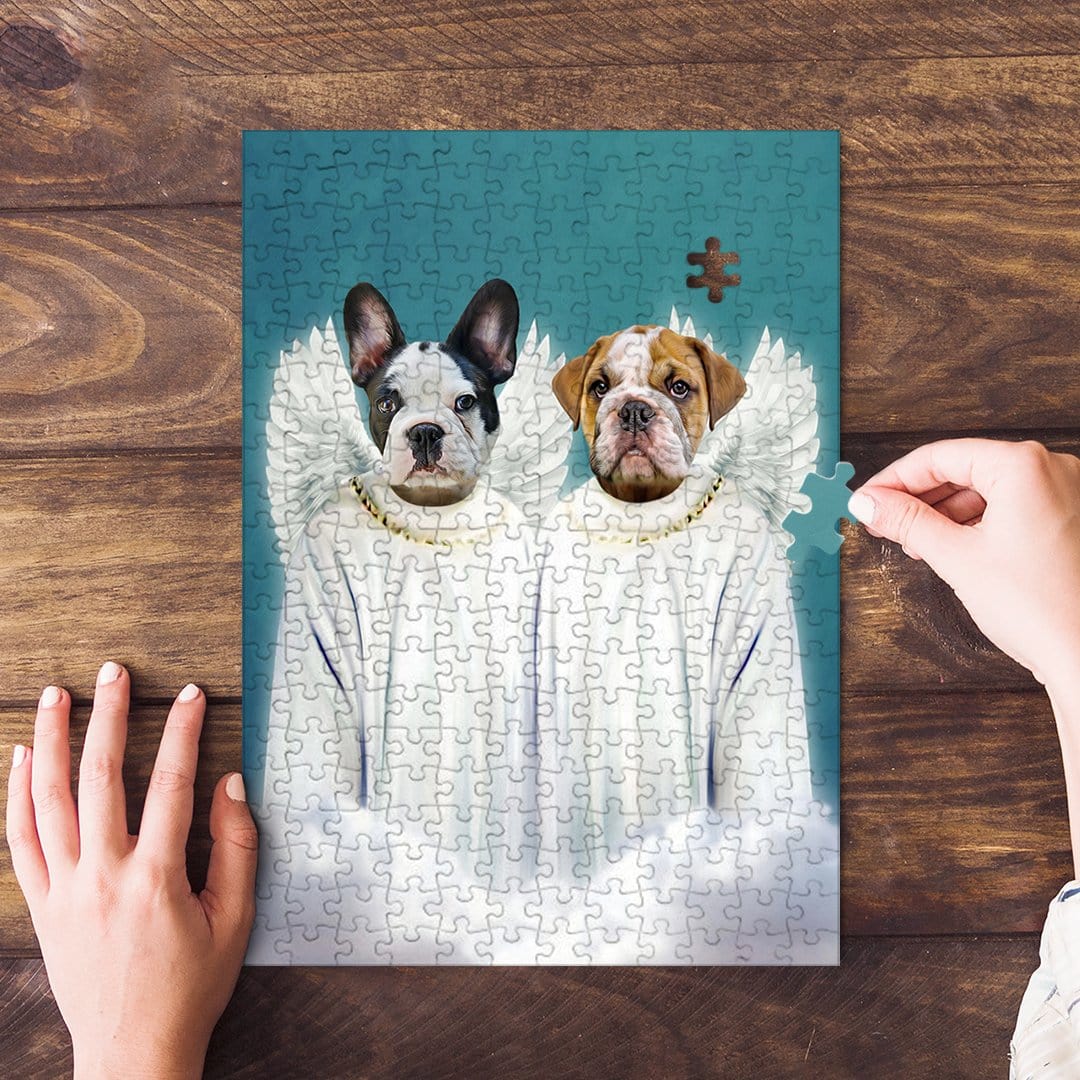 Custom 2-pet puzzle featuring a French Bulldog and English Bulldog in Renaissance angel costumes.