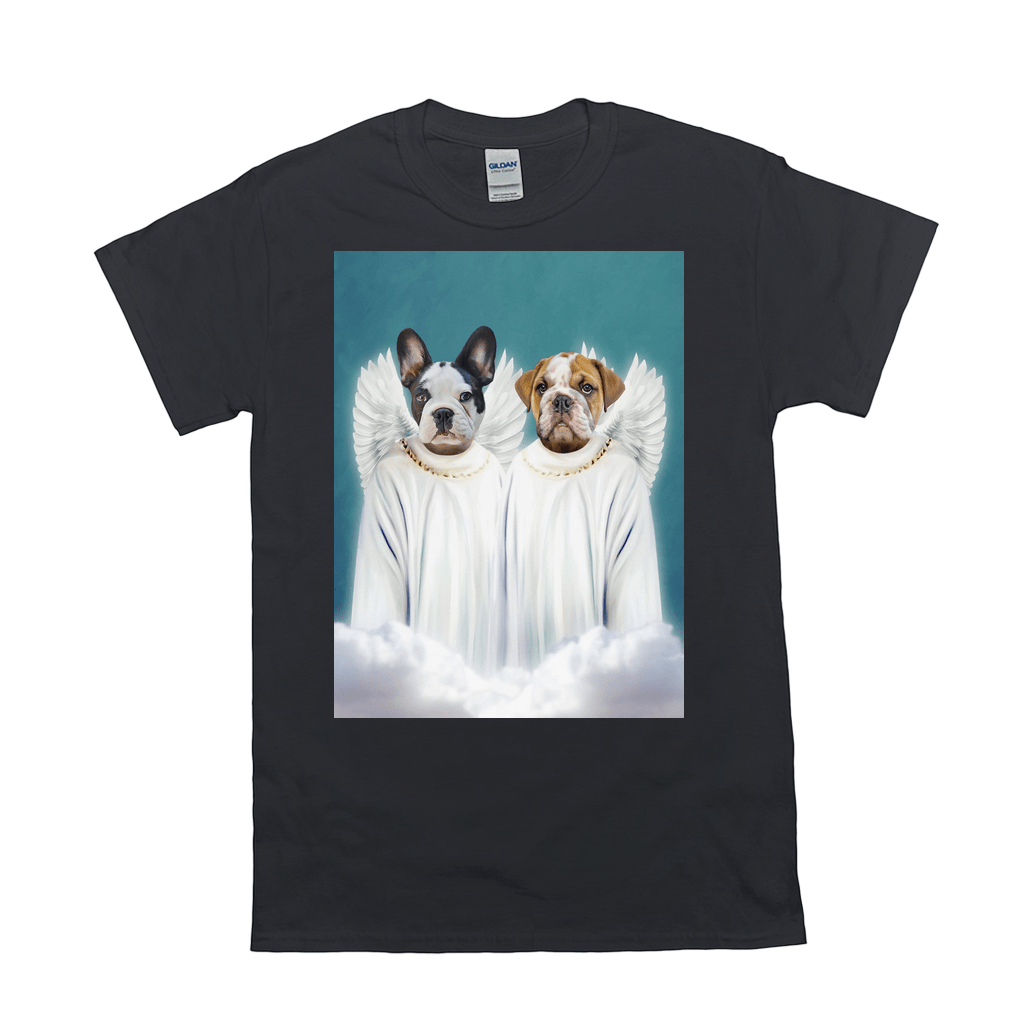 Black Gildan t-shirt with a custom graphic of two pets, a French Bulldog and an English Bulldog, as angels.