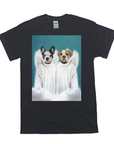 Black Gildan t-shirt with a custom graphic of two pets, a French Bulldog and an English Bulldog, as angels.