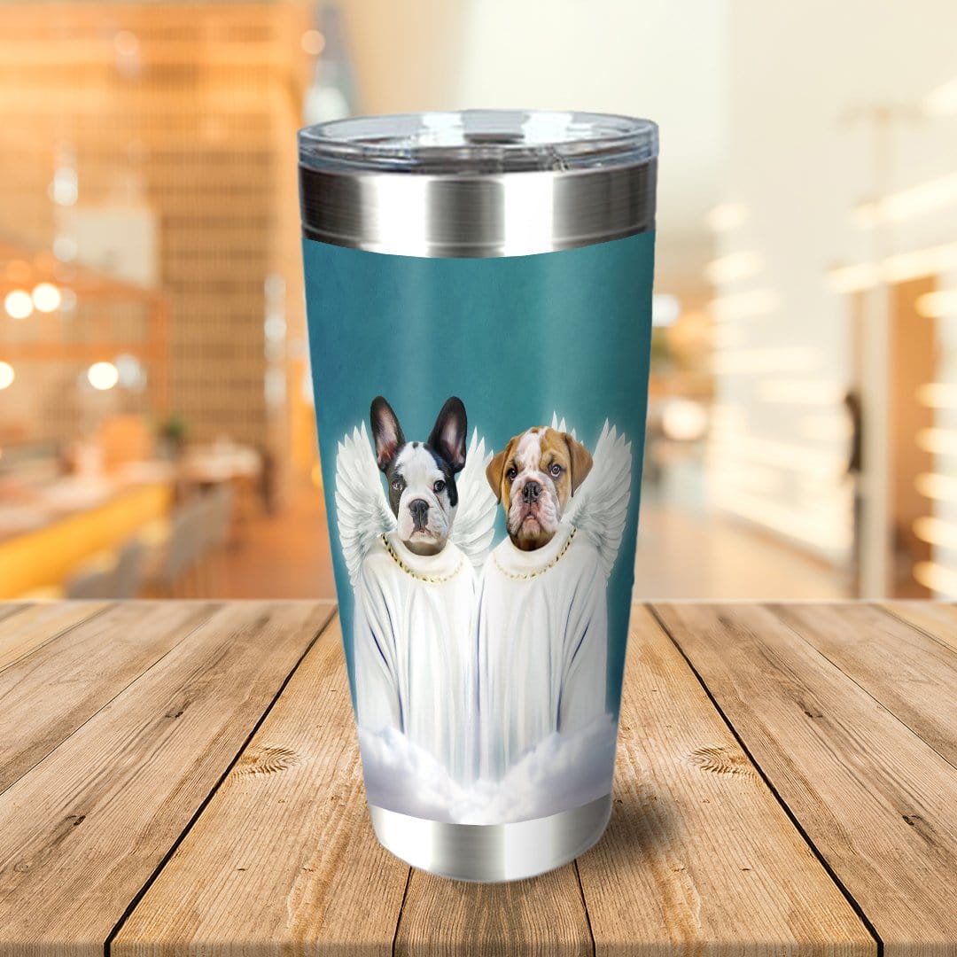 Personalized stainless steel tumbler with two pet dogs as angels on a teal background.