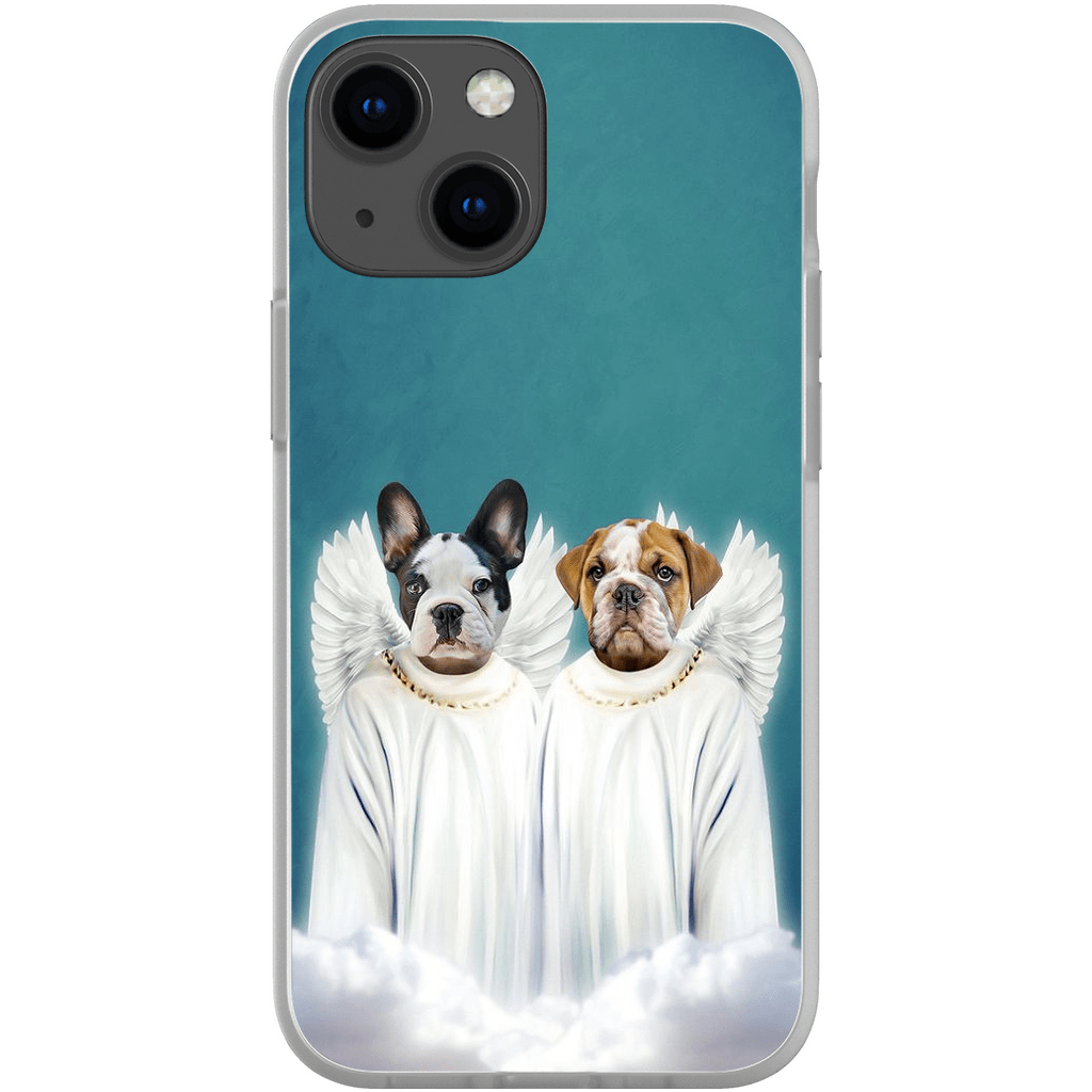Personalized phone case with two dogs as angels in white robes and wings on a blue background.