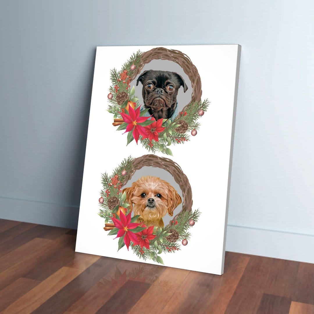 Personalized Christmas wreath canvas featuring two pets, a black pug and a brown terrier mix.