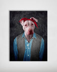 Personalized '2Pac Dogkur' poster featuring a pit bull in a red bandana, denim shirt, and gray vest.