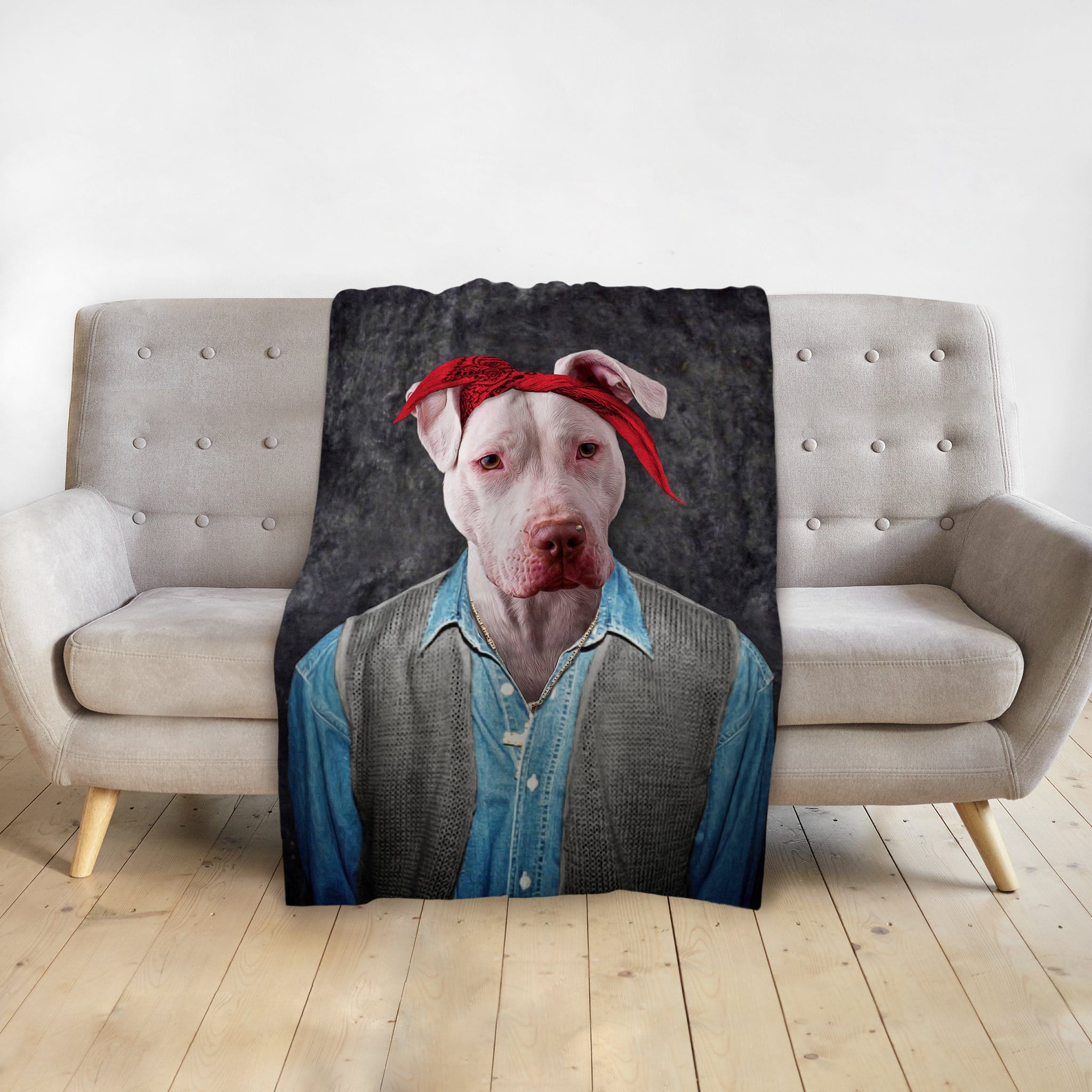 Personalized pet blanket with a custom portrait of a white pit bull wearing a red bandana and denim shirt.