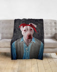 Personalized pet blanket with a custom portrait of a white pit bull wearing a red bandana and denim shirt.