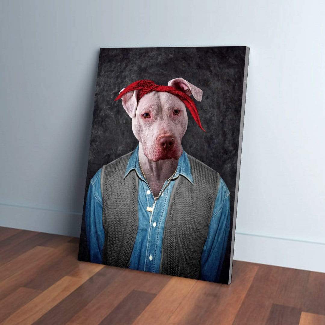 Personalized '2Pac Dogkur' canvas featuring a white pitbull in a red bandana, denim shirt, and gray vest.