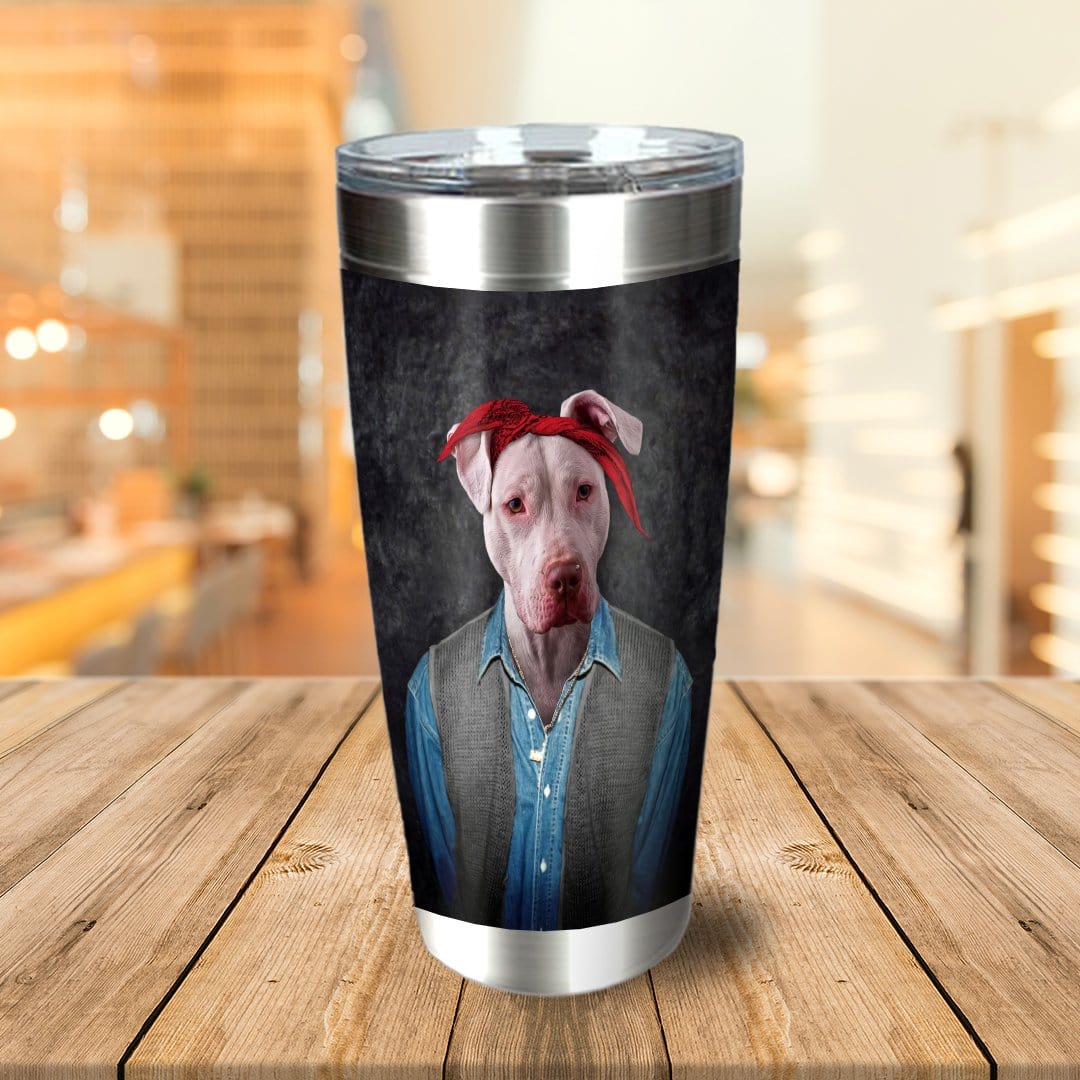 Personalized 20oz stainless steel tumbler with a custom '2Pac Dogkur' portrait of a white pit bull.