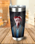 Personalized 20oz stainless steel tumbler with a custom '2Pac Dogkur' portrait of a white pit bull.
