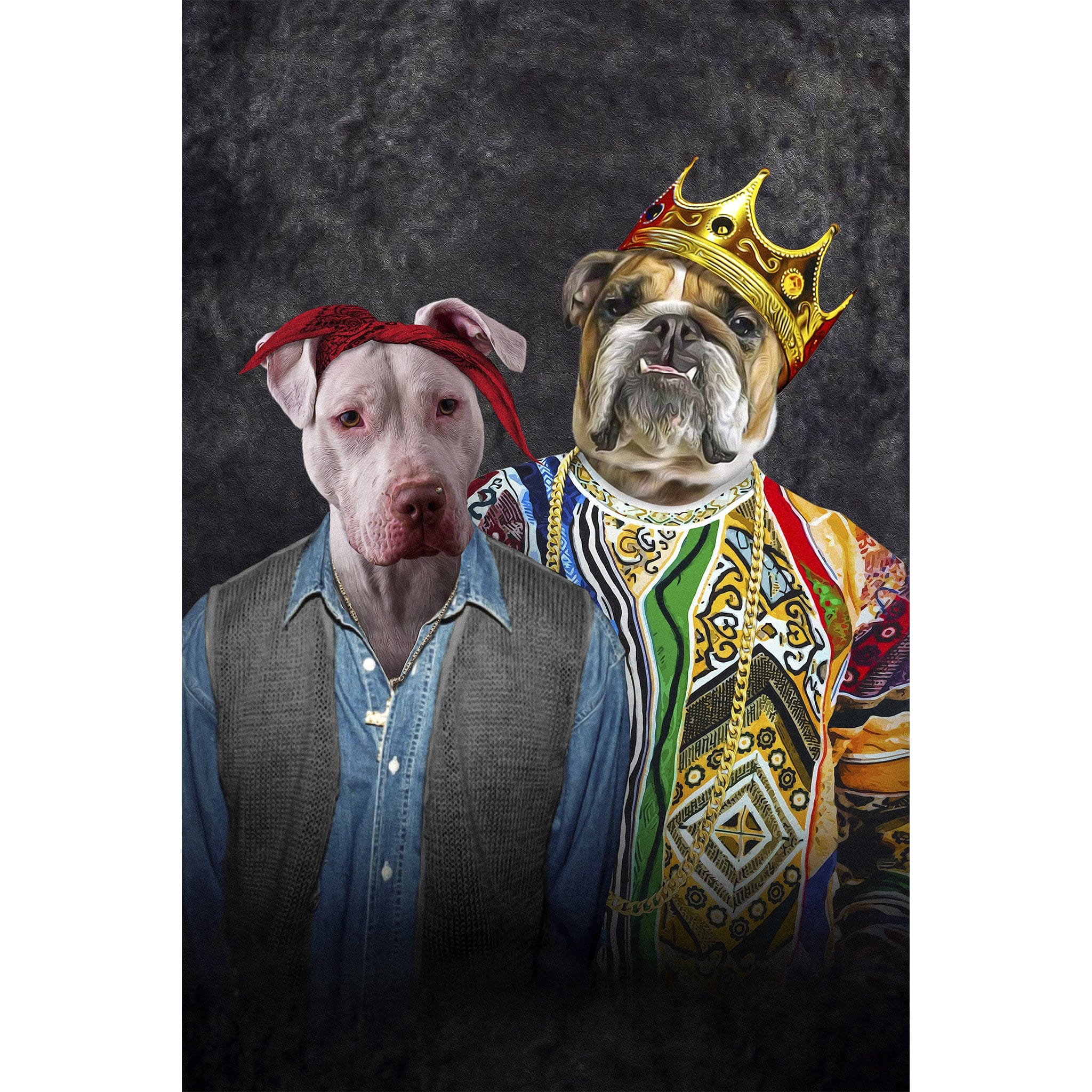 Custom digital portrait of two dogs, a Pitbull and a Bulldog, dressed as rappers.