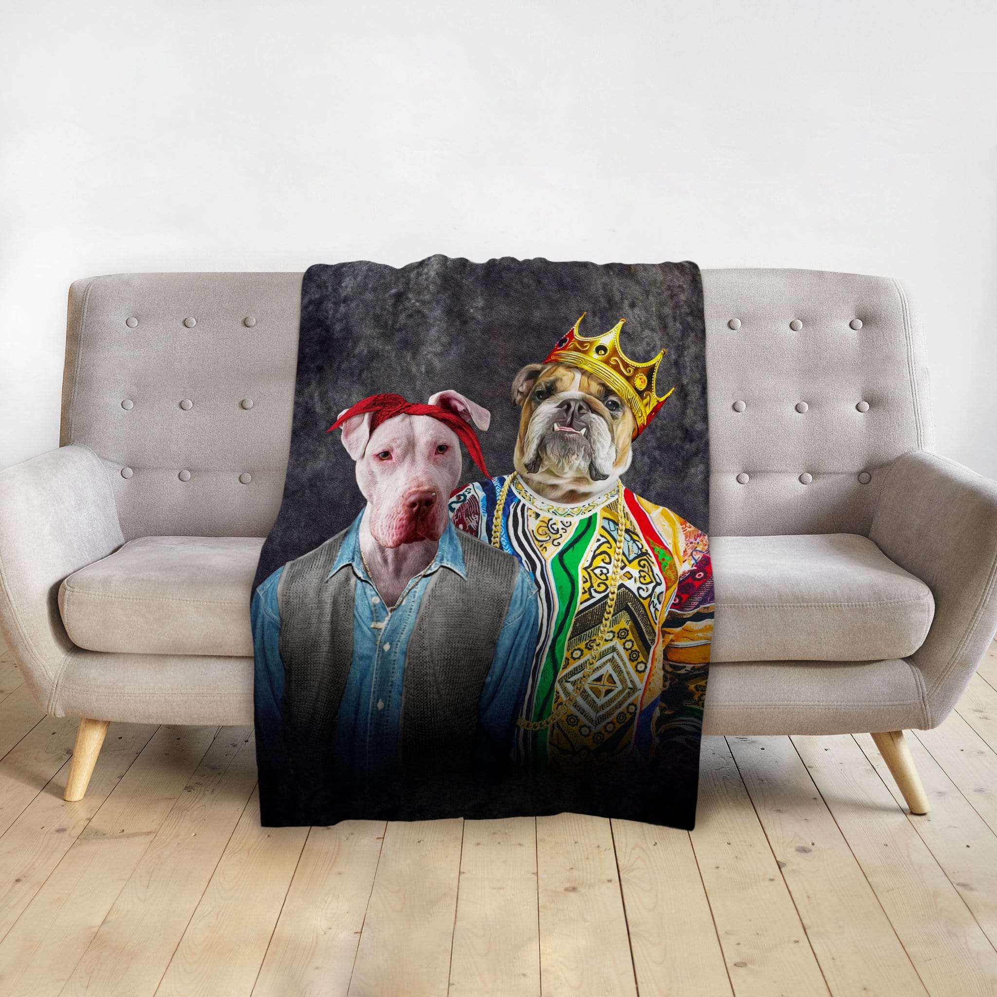 Personalized pet blanket with two dogs in renaissance-style portraits, one in a bandana, one with a crown.