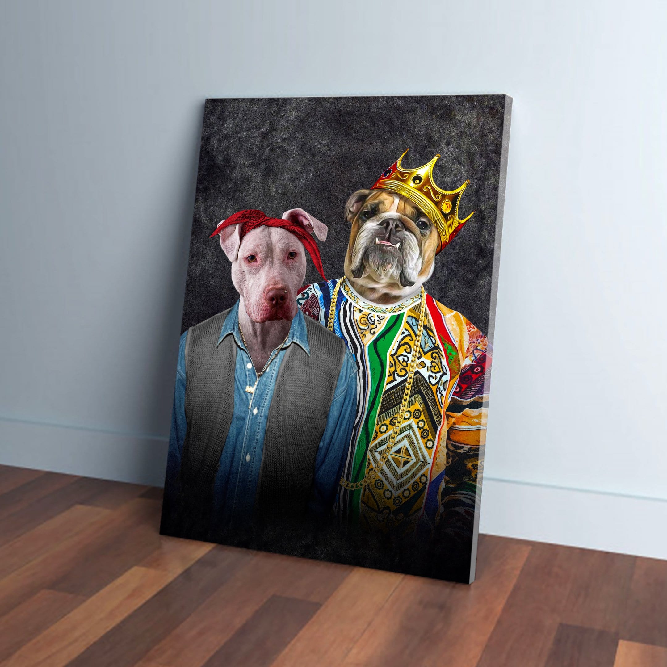 Custom 2-pet canvas featuring a pitbull in a red bandana and vest, and a bulldog in a crown and colorful robe.