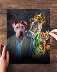 Personalized 2 pet puzzle featuring two dogs in hip-hop inspired royal and bandana outfits.