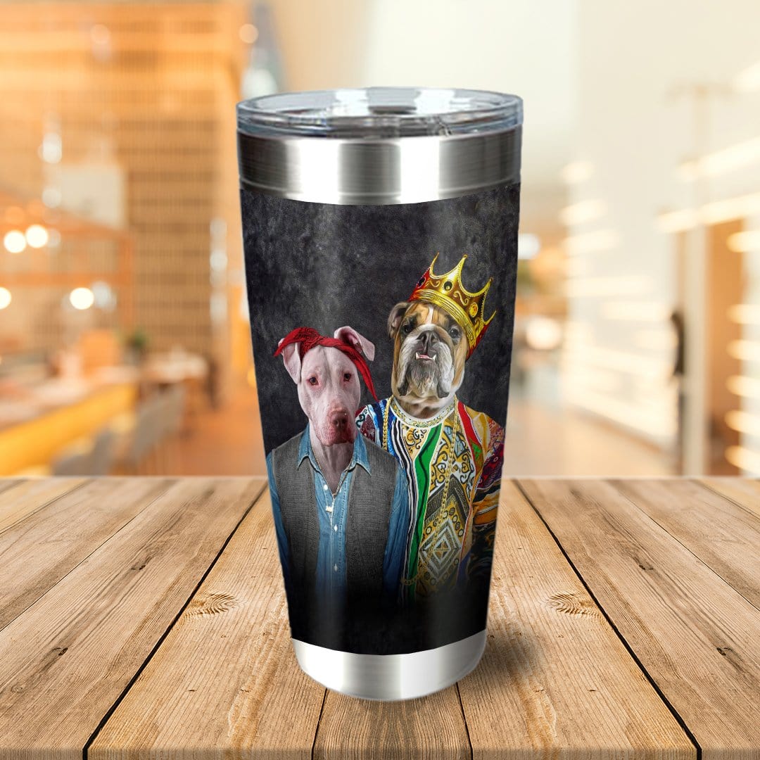 Personalized stainless steel tumbler with custom royal renaissance portraits of two dogs.