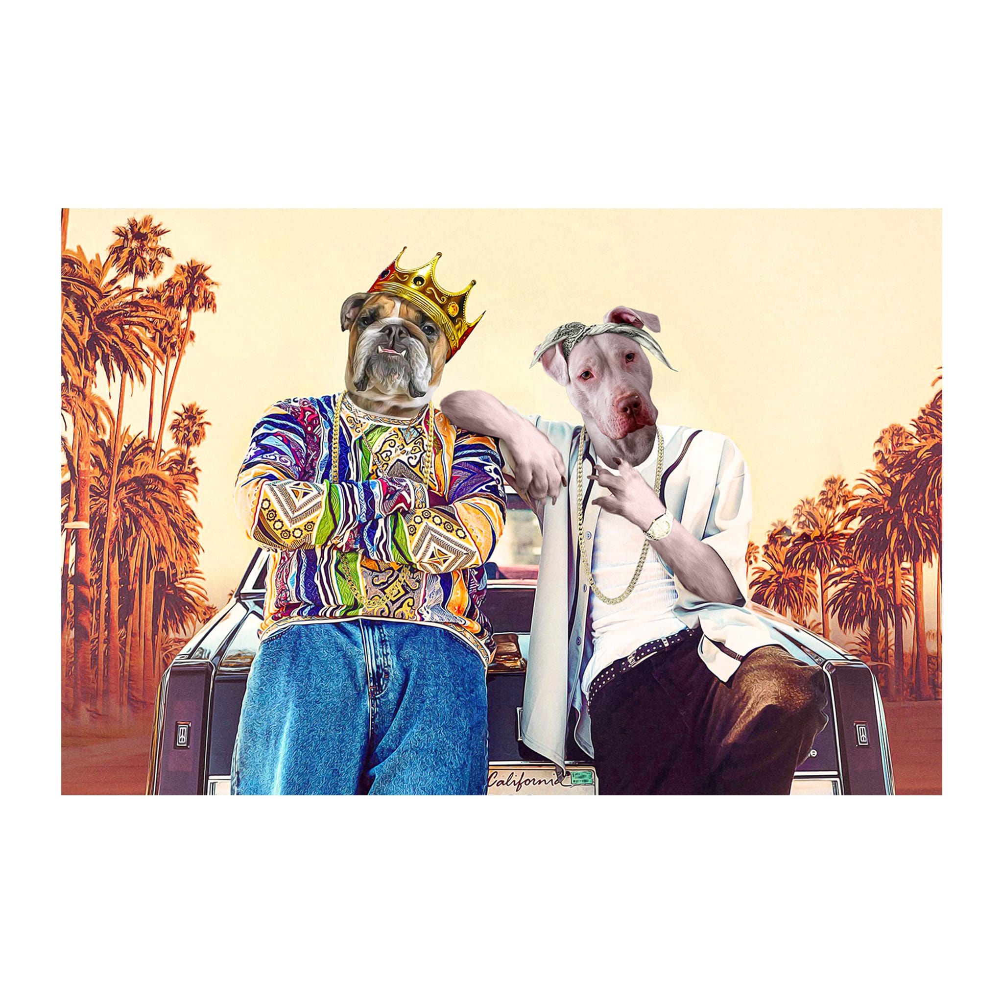 Custom 2 pet digital portrait in '2Paw and Notorious D.O.G. California Edition' style with palm trees.