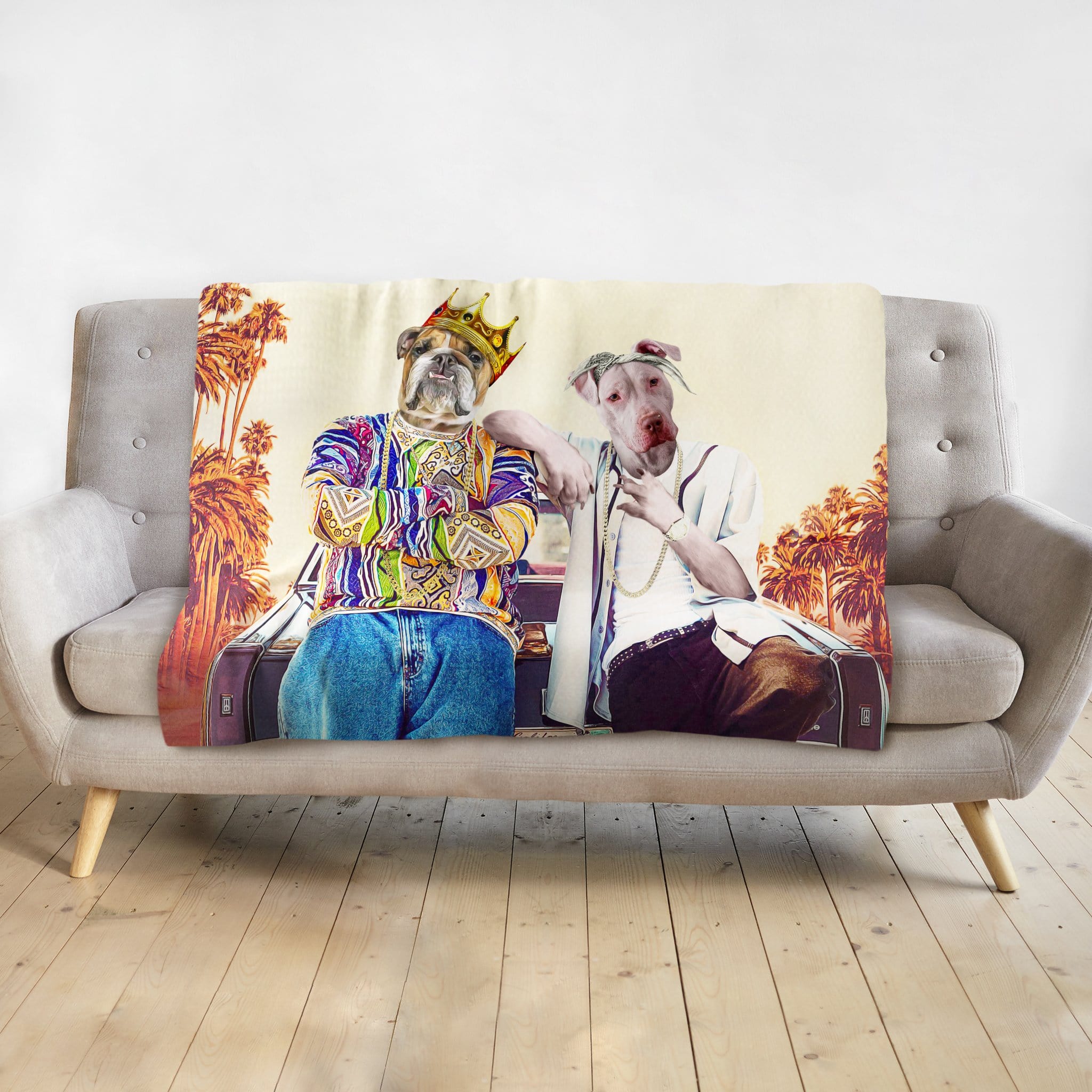 Personalized 2-pet blanket with a bulldog and pitbull in hip-hop style, California palm tree background.
