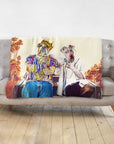 Personalized 2-pet blanket with a bulldog and pitbull in hip-hop style, California palm tree background.